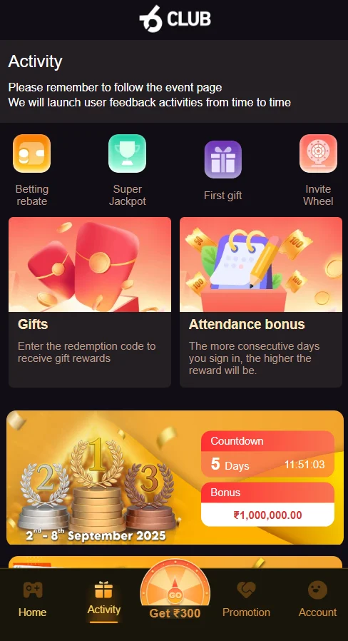 Image showing 6 Club game Activity page